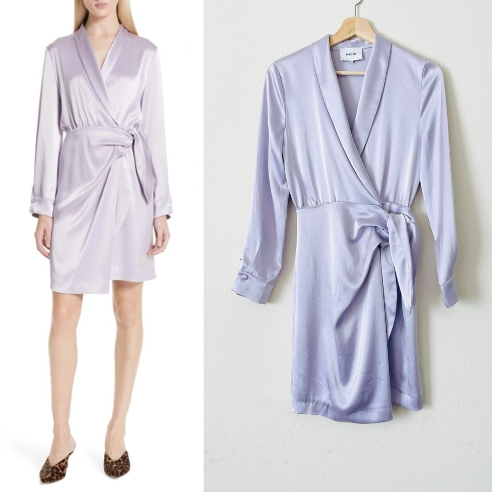 NANUSHKA XS Siwa satin long sleeve wrap mini dress in lilac purple